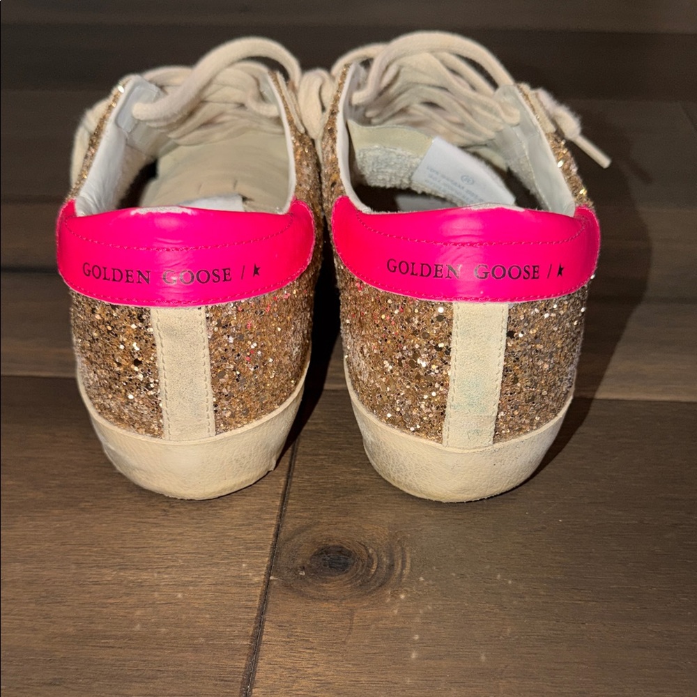 Golden Goose Gold Glitter Super Star Sneakers with Neon Pink - Picture 5 of 11